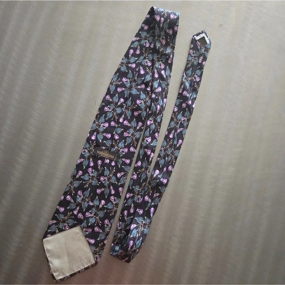 Valentino Floral 100% Silk Tie Black Purple Blue Made in Italy 4